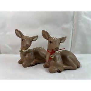 Vintage 1993 Trio Of Brown Spotted Sitting Deer Wearing Bows and Bells Signed‎